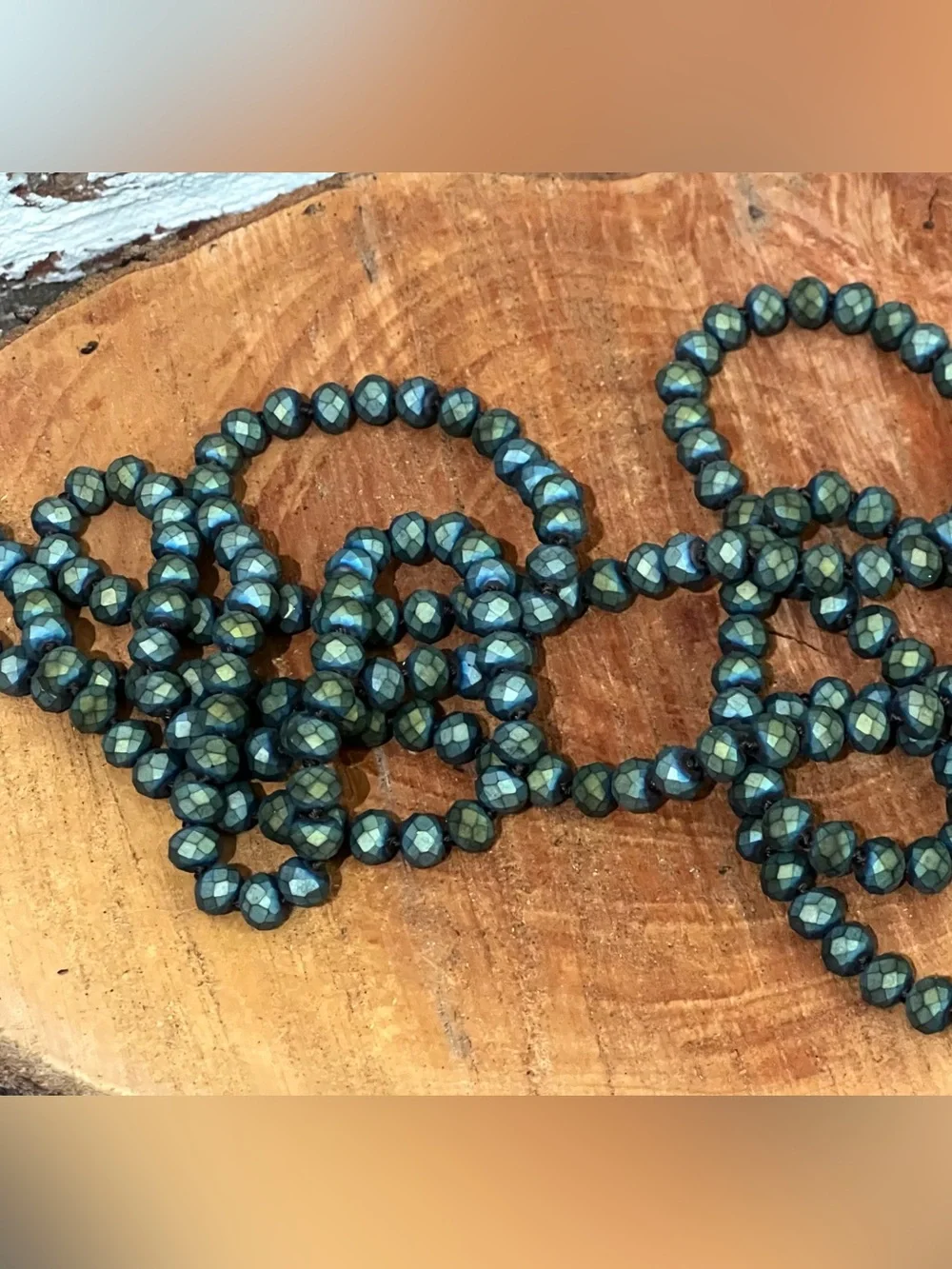 Vintage Necklace Long Iridescent Green Faceted Continuous Strand 56”